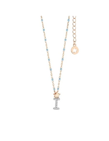 Girocollo Lettera I Argento 925‰ Rosé con Zirconi e Smalto Azzurro | GLA181