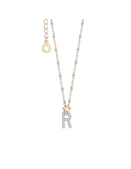 Girocollo Lettera R Argento 925‰ Rosé con Zirconi e Smalto Azzurro | GLA190